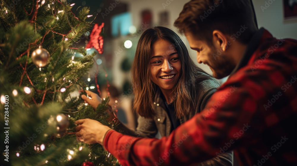 Young couple decorate the Christmas tree Young couple decorate the Christmas tree