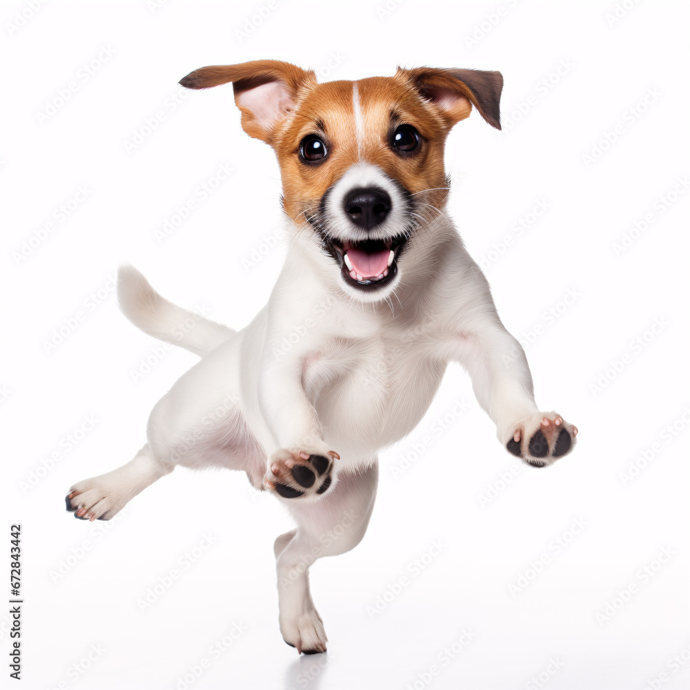 A spunky Jack Russell Terrier puppy is jumping isolated on a white studio backdrop. A spunky Jack Russell Terrier puppy is jumping isolated on a white studio backdrop.