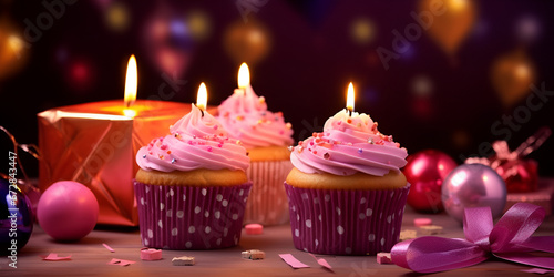 Christmas sweets cupcakes  birthday cupcakes with blur background colorful balloons realistic image  ultra hd  high design very  cupcake with candle on a dark background with bokeh  geneerative AI   
