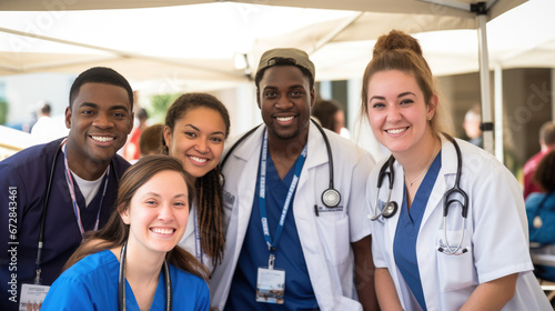 Healthcare professionals in blue scrubs, wearing stethoscopes and ID badges, smile warmly as they stand together in a tented medical setting.