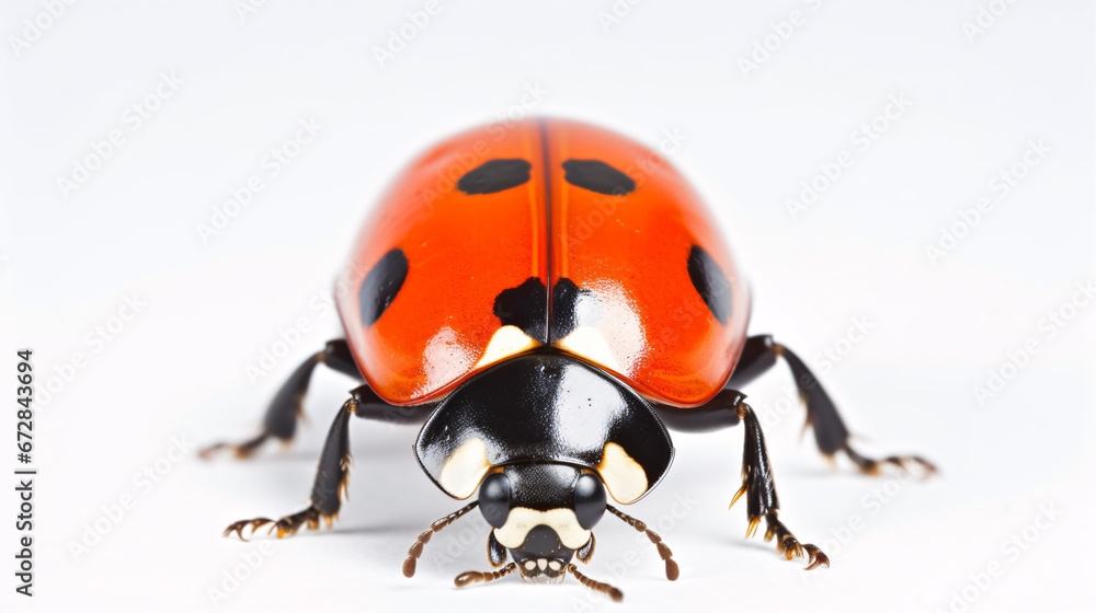 A close-up macro shot of an isolated Coccinella septempunctata ladybird on a white backdrop. A close-up macro shot of an isolated Coccinella septempunctata ladybird on a white backdrop.