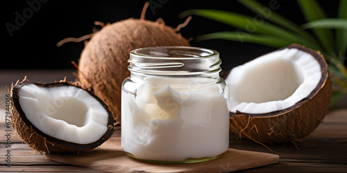 Organic Coconut Spa Essentials, coconut oil in a glass jar with a stack of fresh coconuts in the background, Creamy coconut oil sits in a glass jar, complemented by a raw coconut, generative AI photo