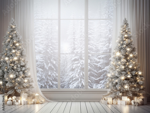 Christmas tree ornaments and pine branch on neutral background