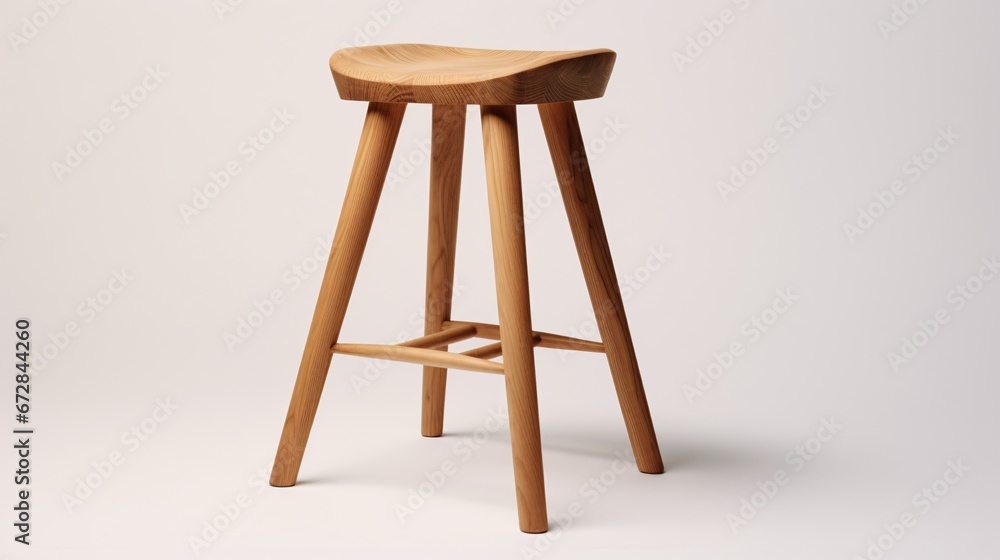 A dapper wooden barstool against a shimmering white backdrop. A dapper wooden barstool against a shimmering white backdrop.
