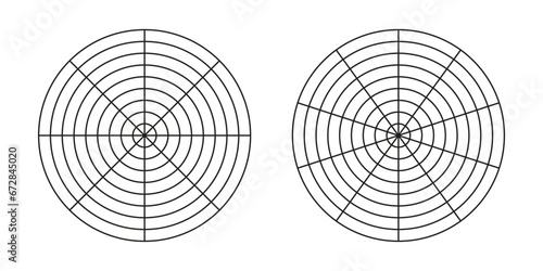 Wheel of life templates. Simple coaching tools for visualizing all areas of life. Set polar grids. Blank polar graph paper collection. Circle diagrams of life style balance.