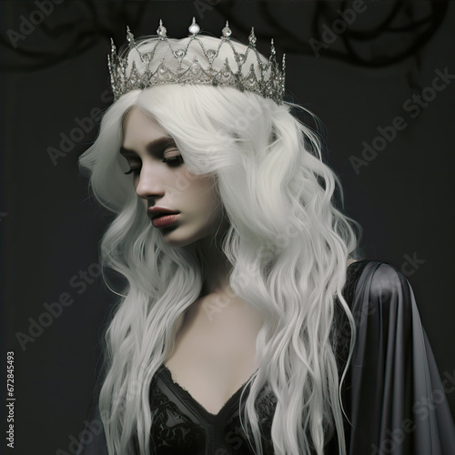 Girl with white hair in a crown on a black background 