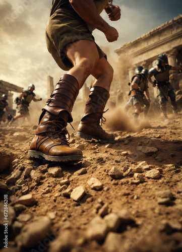 Aquiles, Héctor, Earth trembling under their might, Ancient Greece, Footwear showing the impact on the ground, Center of the battlefield, Intense focus as they engage in combat, Ground cracking beneat