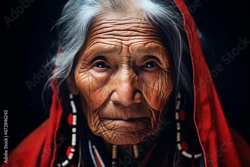 AI generated illustration of an elderly woman with a lined face and deep wrinkles, wearing a shawl photo