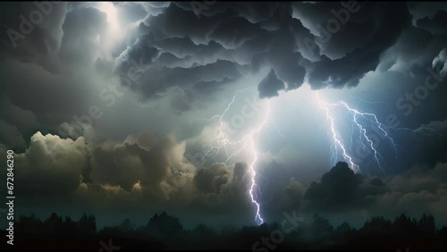 A dramatic thunderstorm scene with cumulonimbus clouds, jagged lightning bolts, heavy rain, and flashes of light against a black background. photo