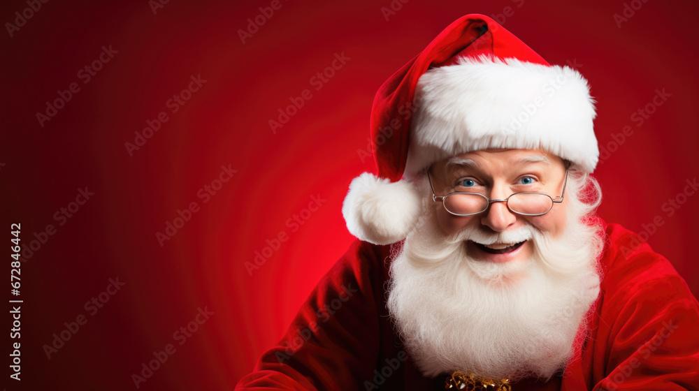 Close-up portrait of Santa Claus in a red hat, smiling warmly with a twinkle in his eye against a golden bokeh light background, embodying the festive spirit of Christmas. Close-up portrait of Santa Claus in a red hat, smiling warmly with a twinkle in his eye against a golden bokeh light background, embodying the festive spirit of Christmas.