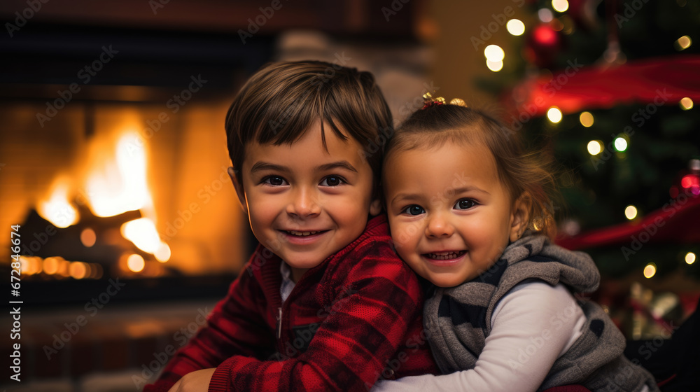 A joyful children, with a decorated Christmas tree and twinkling lights in the background.