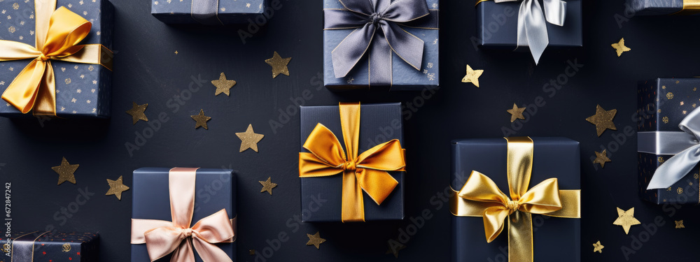 Various luxuriously wrapped gift boxes adorned with shimmering golden and silver bows