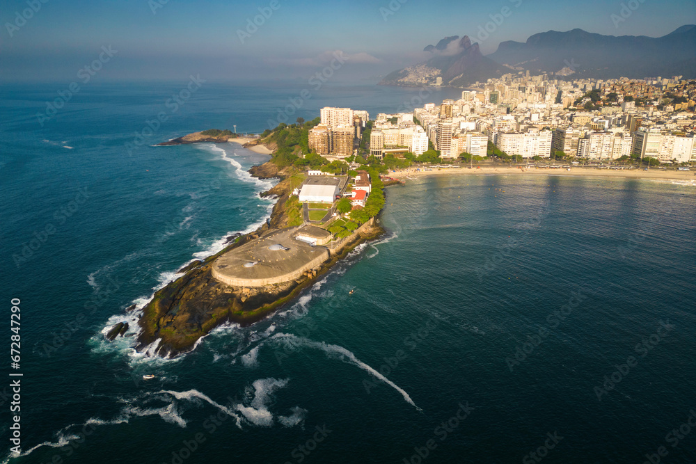 Aerial View of Copacabana Fort and the Beach in Rio de Janeiro, Brazil - obrazy, fototapety, plakaty 