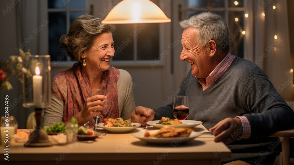 An elderly couple shares a joyful dinner at home, laughing and bonding over candlelit delicacies and wine.