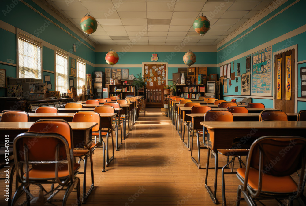 The interior of an empty school classroom