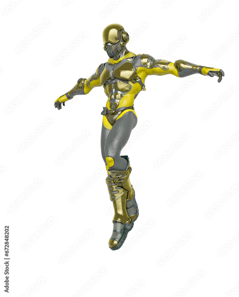 futuristic astronaut is floating and landing in white background futuristic astronaut is floating and landing in white background