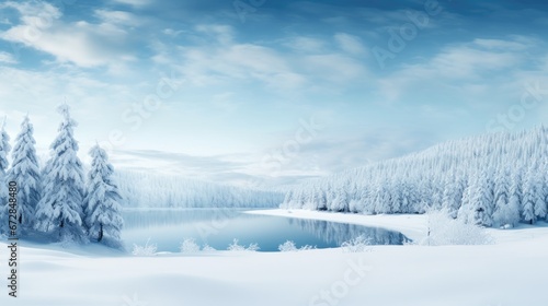 Winter landscape. Winter trees and lake. Winter background