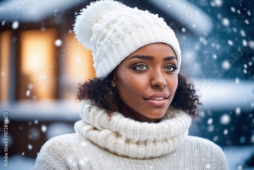 Schöne afroamerikansiche Frau mit Wintermütze, Schal und Wollpullover im Vordergrund, im Hintergrund eine verschwommene Winterlandschaft mit Schneeflocken