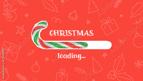 Christmas loading concept banner. Vector illustration with striped red and green candy cane and lettering Christmas loading on red background. Christmas card.