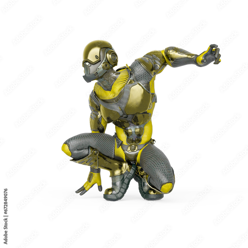 futuristic astronaut is crouched ready to jump in white background futuristic astronaut is crouched ready to jump in white background