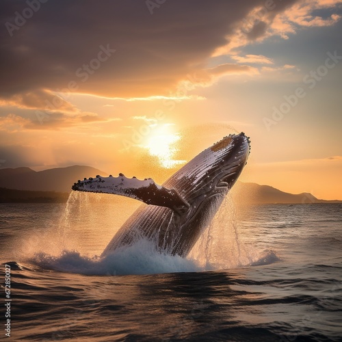 AI generated illustration of A majestic whale leaping out of the sparkling ocean at sunset. © Wirestock