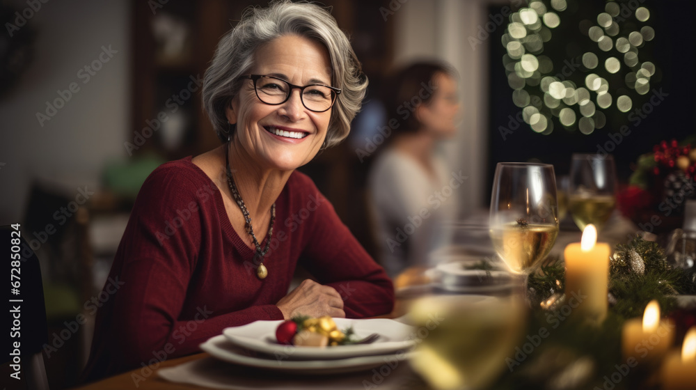 Joyful woman in a red sweater smiling at a festive Christmas dinner table, with elegant decorations, candles, and a tree adorned with lights, creating a cozy and celebratory atmosphere.