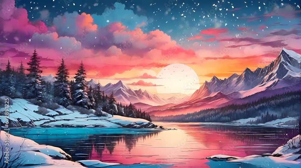 winter forest wallpaper, wintry lake landscape, sunrise in a beautiful frozen woodland, snowy forest landscape - obrazy, fototapety, plakaty 