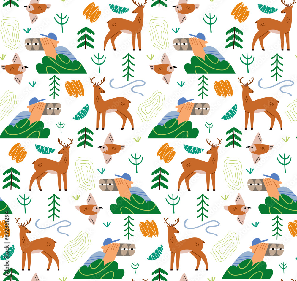 Seamless vector pattern with a tourist with binoculars and a deer. Seamless vector pattern with a tourist with binoculars and a deer.
