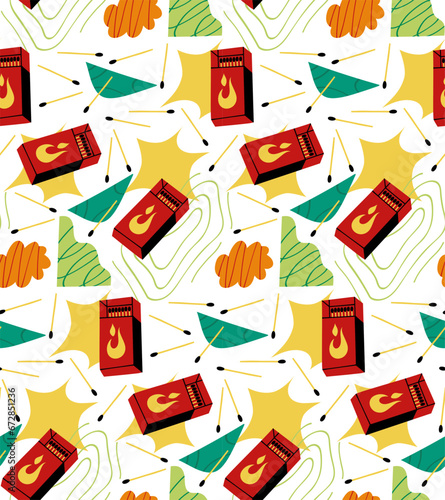 Seamless pattern with a box of matches. Vector fashion background with matches.
