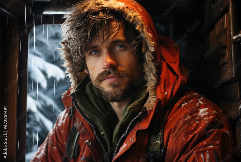 A man with a rugged face and a full beard stands in front of an indoor backdrop, his piercing gaze peering out from beneath a red coat and hood