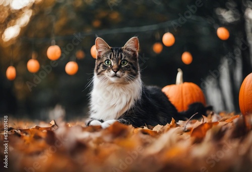 Adorable cat sitting amongst the golden autumn leaves, AI-generated. photo