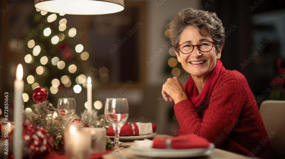 Joyful woman in a red sweater smiling at a festive Christmas dinner table, with elegant decorations, candles, and a tree adorned with lights, creating a cozy and celebratory atmosphere. Joyful woman in a red sweater smiling at a festive Christmas dinner table, with elegant decorations, candles, and a tree adorned with lights, creating a cozy and celebratory atmosphere.