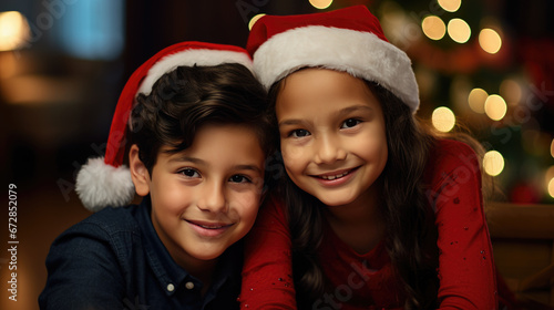 Two cheerful children, a boy and a girl, possibly siblings, sitting at a dinner table with a festive Christmas tree in the background, smiling warmly at the camera.