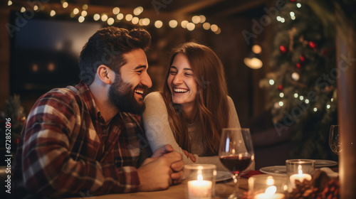 Smiling couple close together at a festive Christmas dinner setting, with lit candles and a decorated tree in the background, creating a warm and intimate atmosphere. © MP Studio