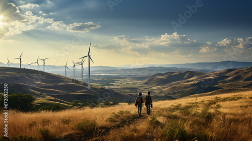 Vivid depiction of engineers donning hardhats inspecting wind turbines against a vista of undulating hills, accentuating the flourishing wind energy market.