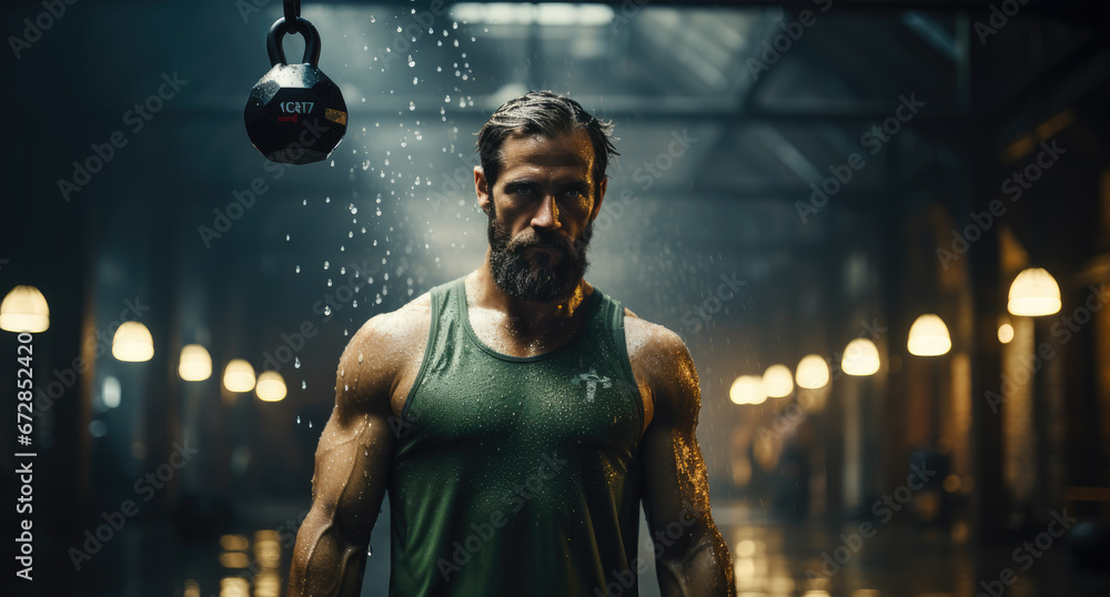 A determined man stands in a well-equipped gym, his face contorted in concentration as he prepares to lift a heavy kettlebell, his athletic clothing highlighting his muscular physique against the bac