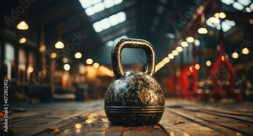A rustic kettlebell rests on a worn wooden surface, a reminder of the strength and endurance built in the kitchen, now sitting still on the ground of an indoor street