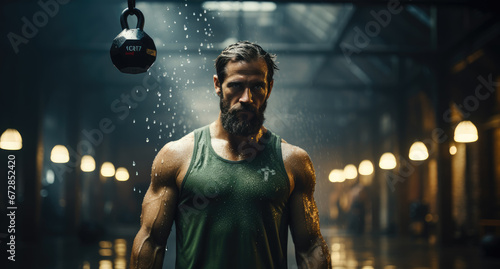 A determined man stands in a well-equipped gym, his face contorted in concentration as he prepares to lift a heavy kettlebell, his athletic clothing highlighting his muscular physique against the bac © familymedia