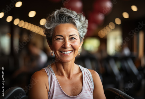 Portrait of smiling mature woman standing in gym photo