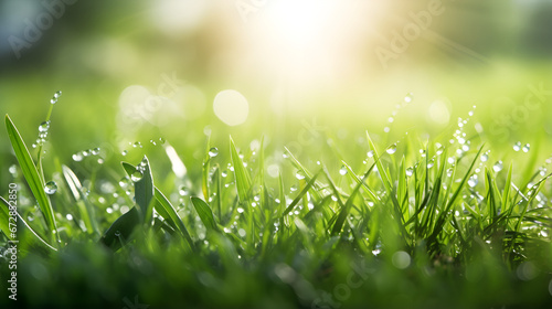 Dew-Kissed Serenity: Blurred Fresh Green Grass Field in the Early Morning,green grass background