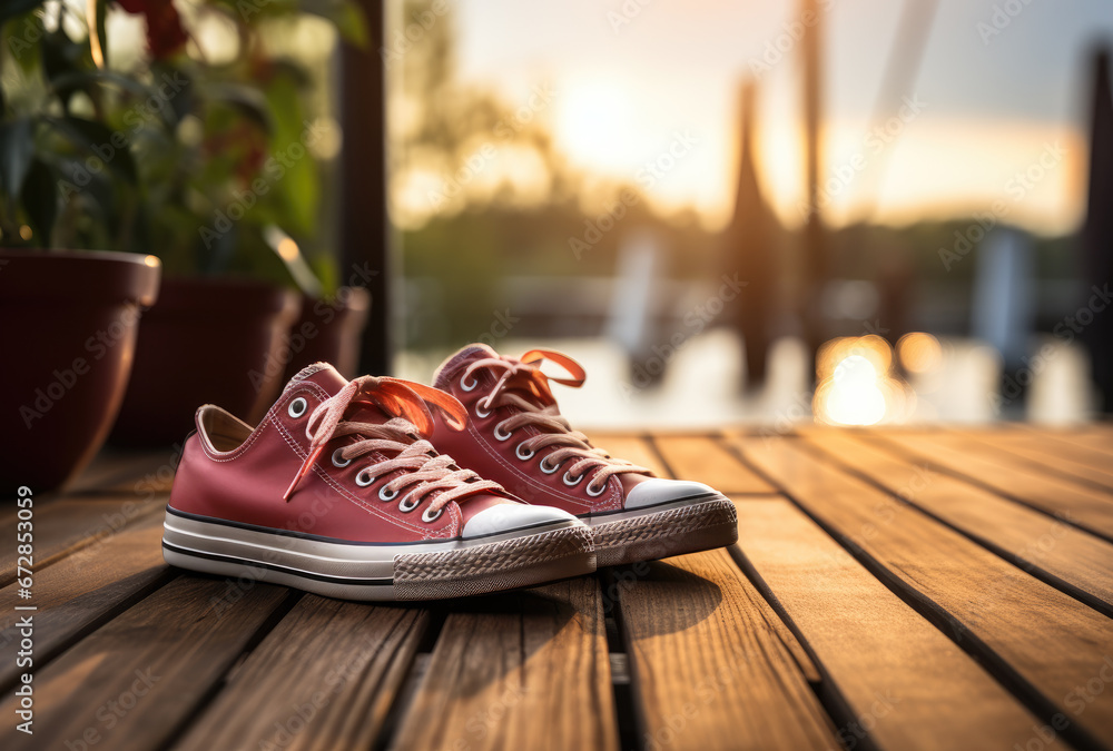 A vibrant pair of red sneakers stands out against the wooden surface, hinting at the wearer's adventurous spirit and love for outdoor exploration under the warm sun