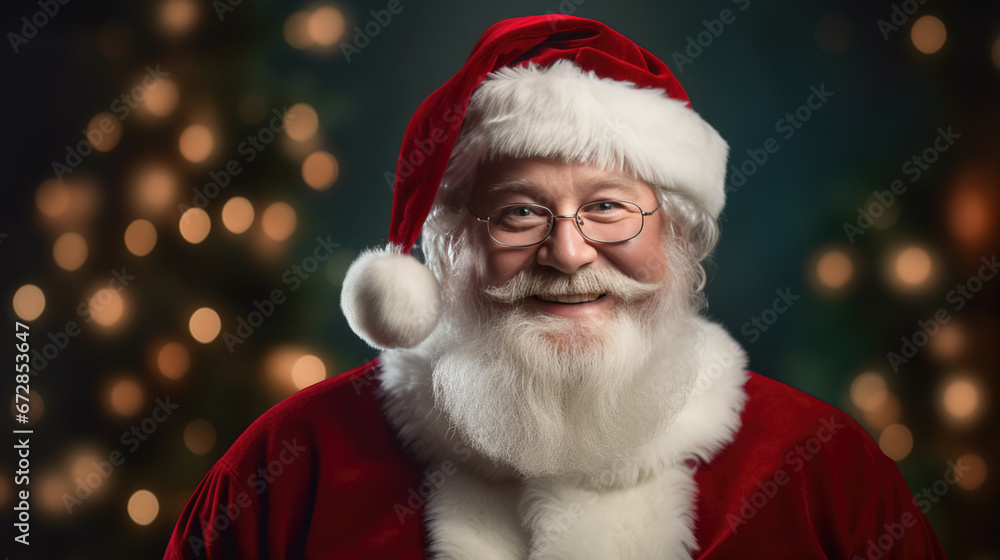 Close-up portrait of Santa Claus in a red hat, smiling warmly with a twinkle in his eye against a golden bokeh light background, embodying the festive spirit of Christmas. Close-up portrait of Santa Claus in a red hat, smiling warmly with a twinkle in his eye against a golden bokeh light background, embodying the festive spirit of Christmas.
