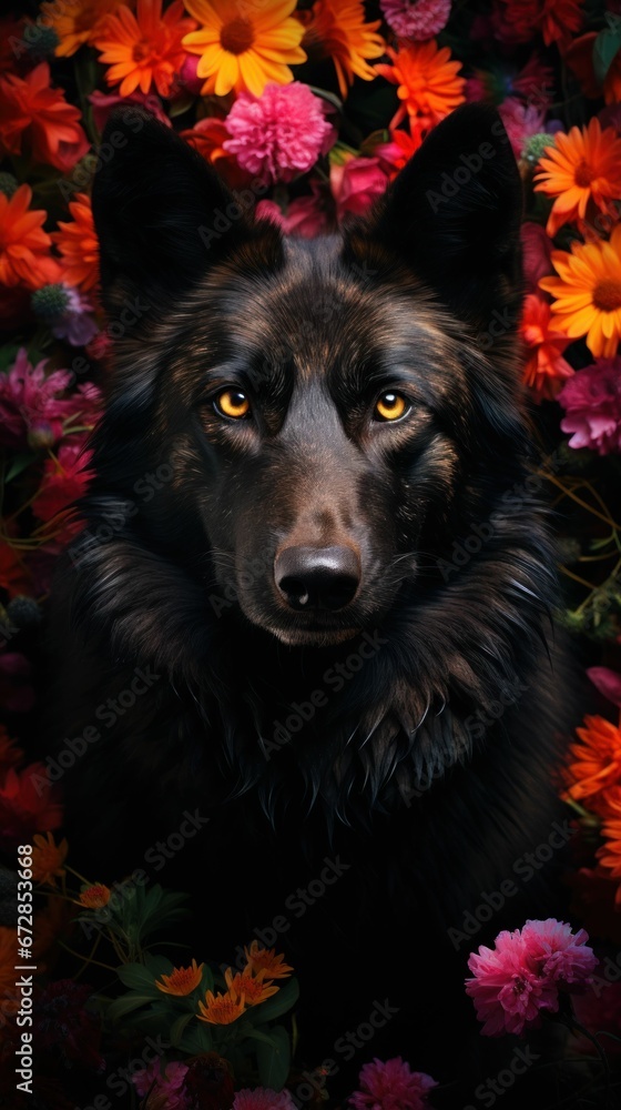Black wolf and vibrant colorful spring flowers Black wolf and vibrant colorful spring flowers