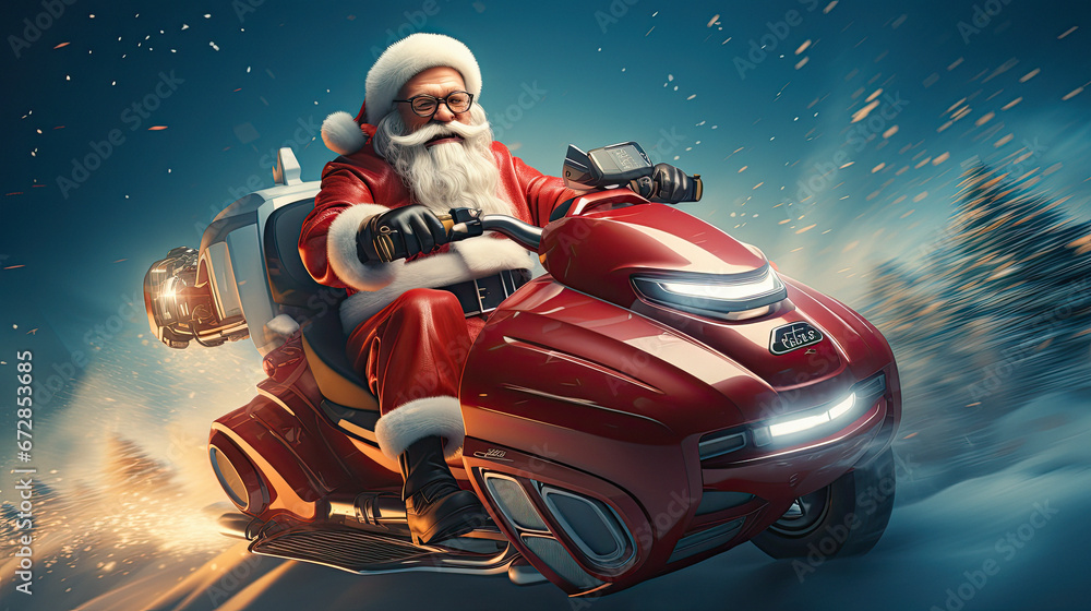 Santa Claus on an futurist electric sleigh delivers Christmas presents