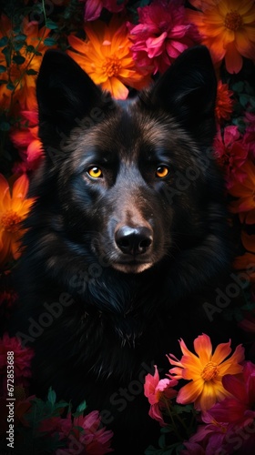 Black wolf and vibrant colorful spring flowers