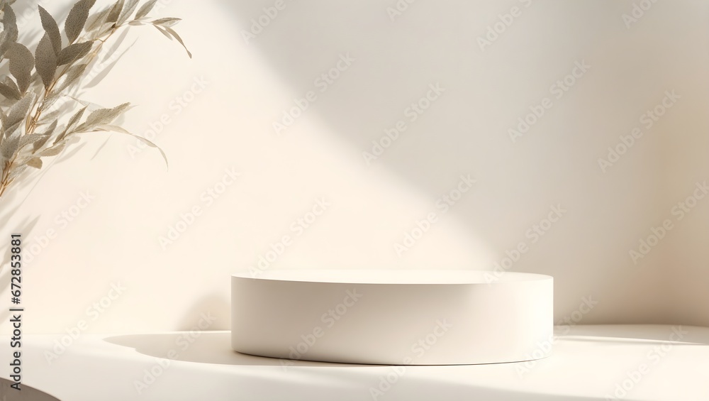 Blank white cement curve counter podium for luxury organic cosmetic, skincare, beauty treatment product. Generative AI. Blank white cement curve counter podium for luxury organic cosmetic, skincare, beauty treatment product. Generative AI.