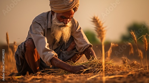 An Indian man harvested wheat with a scythe and stacked it. photo