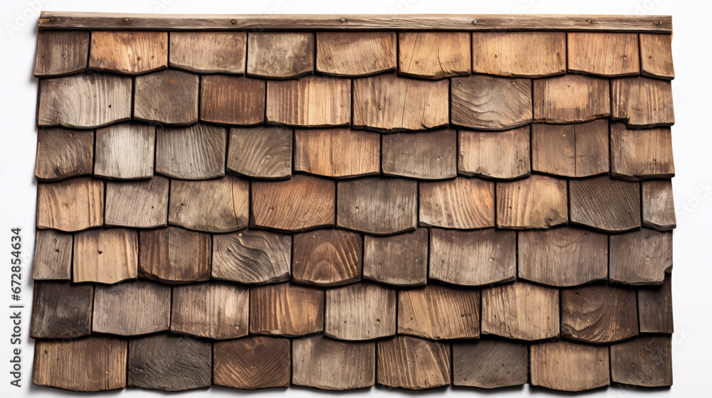 A faux wooden roof tile pattern is isolated on a pristine white surface. A faux wooden roof tile pattern is isolated on a pristine white surface.