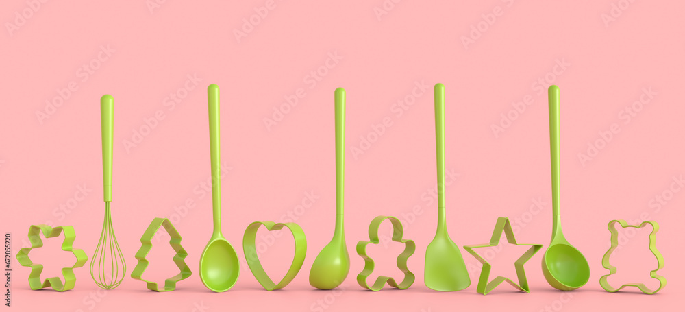 Set of metal cookie cutters and wooden kitchen utensils on monochrome background