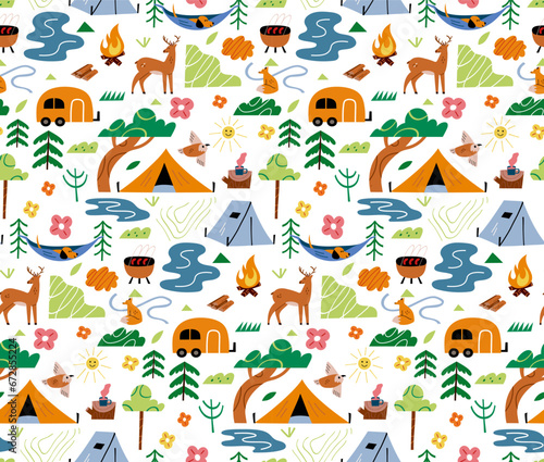 Seamless pattern on the theme of camping. Vector background with tents, and trailer, animals and trees.